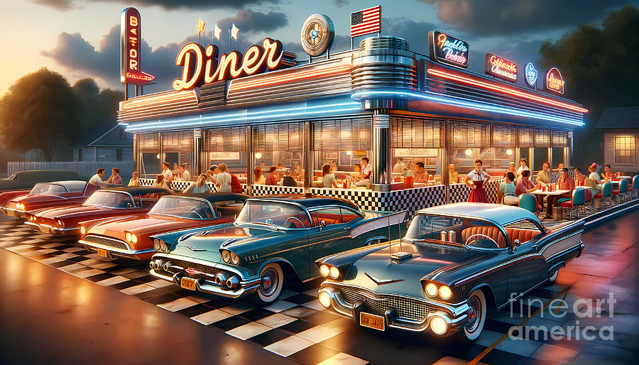 Vintage Digital Art - Classic American Diner, A nostalgic American diner from the 1950s with vintage cars by Jeff Creation