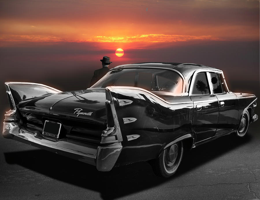 Classic Black Plymouth With Sunset Digital Art by Larry Butterworth
