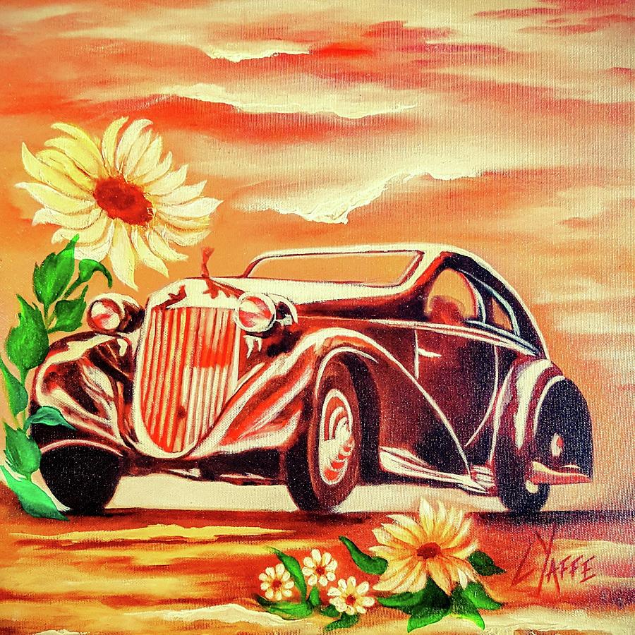 Classic Car with Sunflowers Painting by Loraine Yaffe