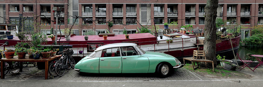 Classic citreon car and canal boathouse Amsterdam Photograph by Sonny Ryse