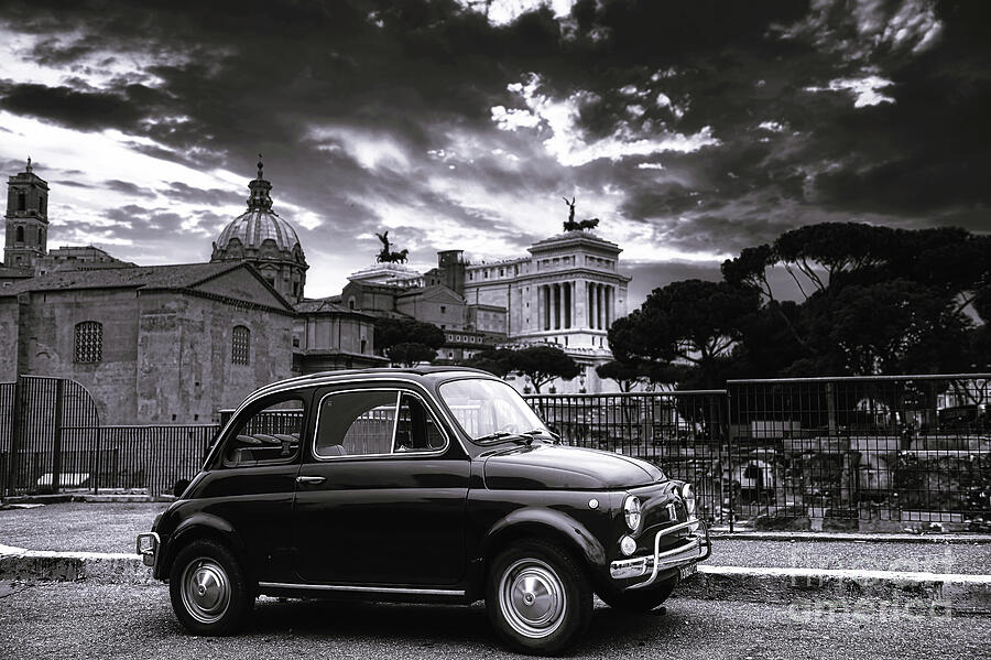 Classic Fiat 500 Cinquecento in Roma Lazio Italia Black and White Digital Art by Stefano Senise
