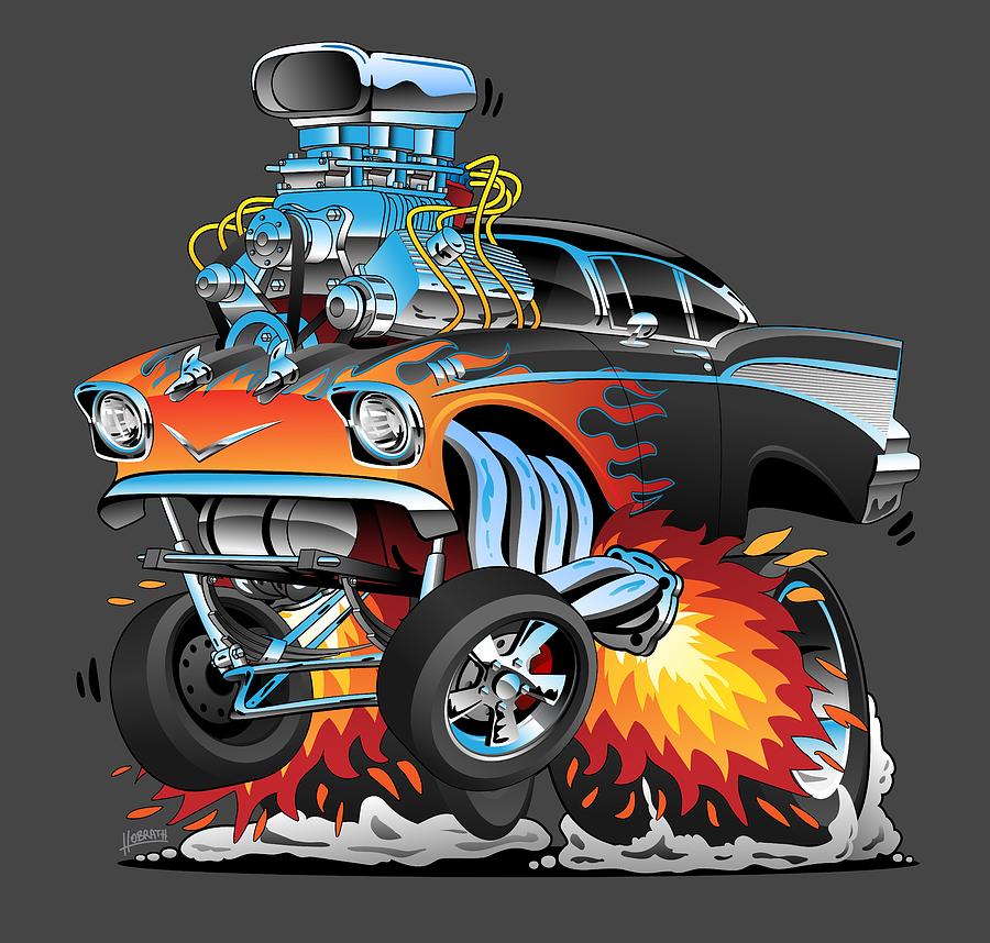 Classic hot rod 57 gasser drag racing muscle car cartoon Drawing by Jeff Ho...