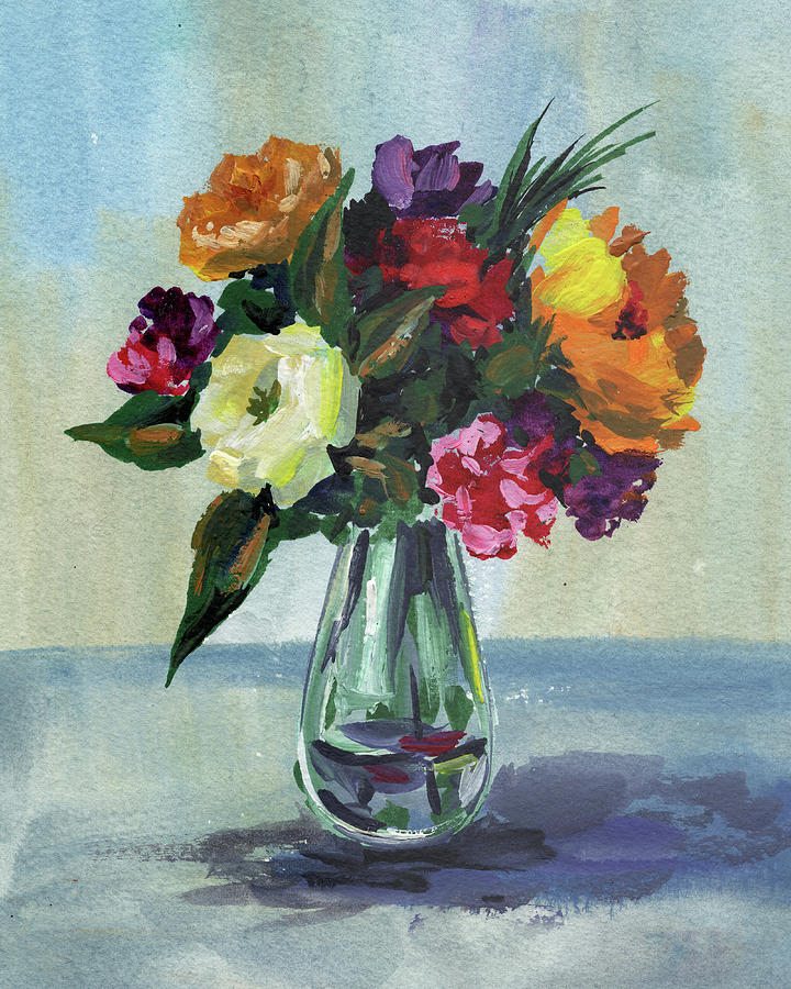 Classic Impressionistic Bouquet Of Flowers In Glass Vase Painting