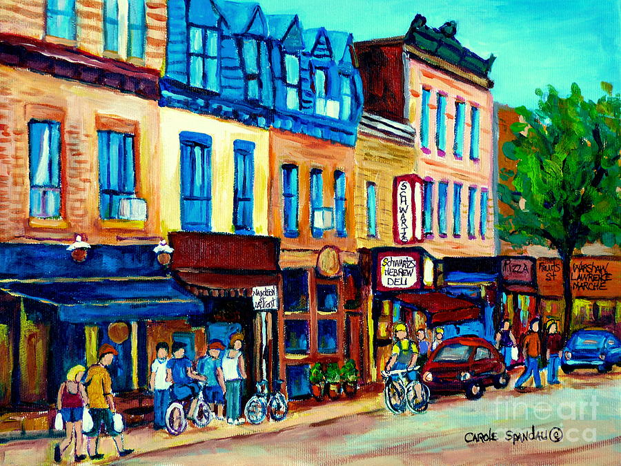 Classic Montreal Street Scene Schwartzs Deli Painting Cycling By Warshaws C Spandau Quebec Artist Painting by Carole Spandau