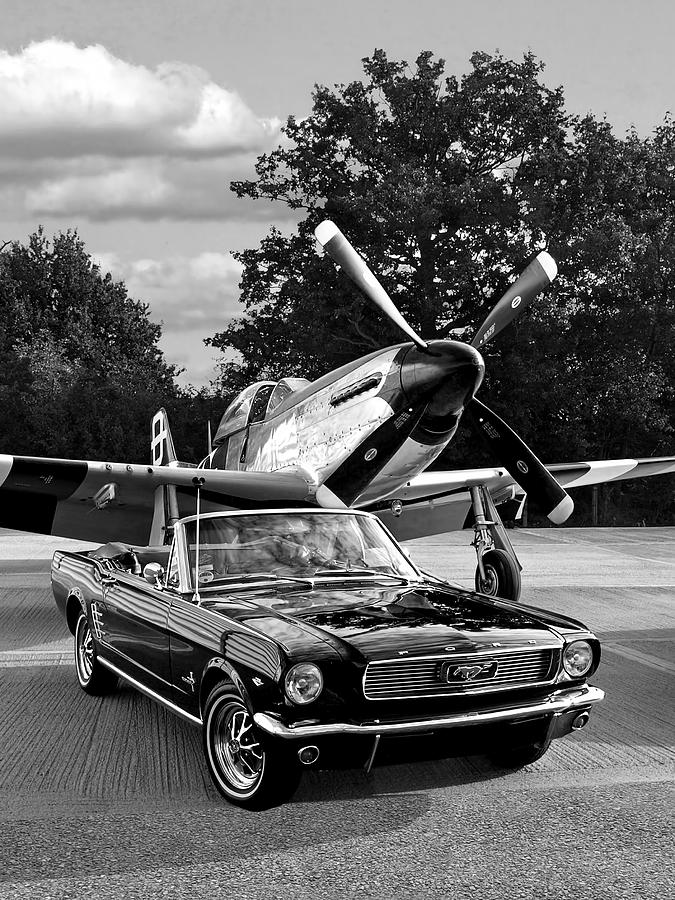 Classic Mustang with p-51 Black And White Photograph by Gill Billington