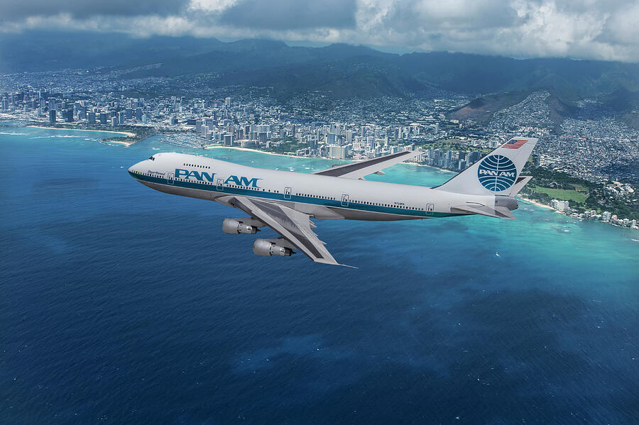 Classic Pan Am Boeing 747 over Waikiki Beach Hawaii Mixed Media by Erik Simonsen