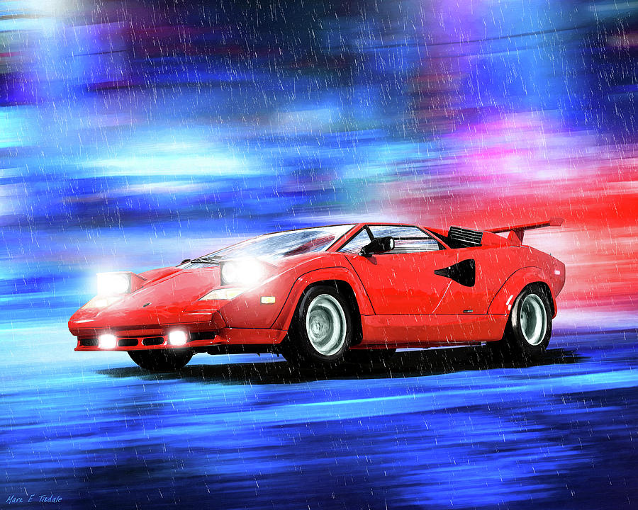 Vintage Mixed Media - Classic Red Lamborghini On A Rainy Night by Mark Tisdale