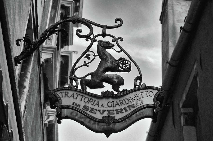Classic Trattoria Sign in Venice Italy Black and White Photograph by Shawn OBrien