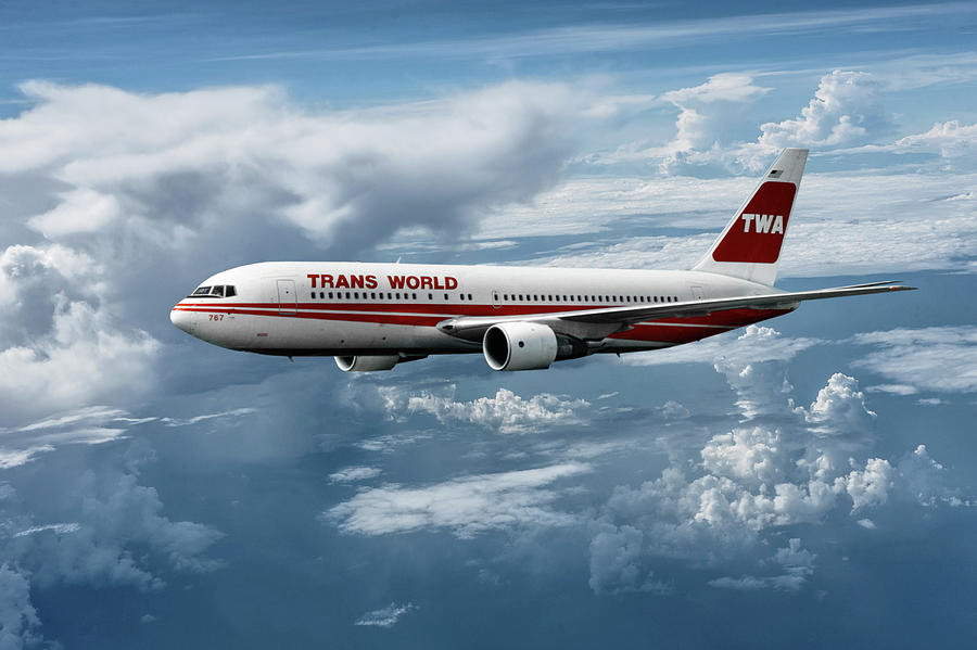 Classic TWA Boeing 767 Among the Clouds Mixed Media by Erik Simonsen