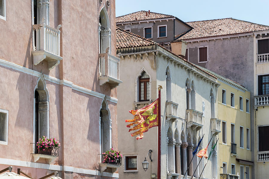 Classic Venetian - Republic of Venice Flag of Saint Mark and Grand Canal Palace Facades Photograph by Georgia Mizuleva