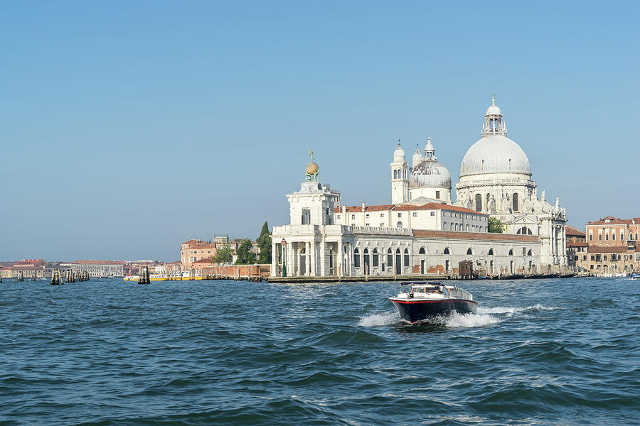 Classic Venetian - Speeding Boat with Santa Maria della Salute and Dogana da Mar  Photograph by Georgia Mizuleva