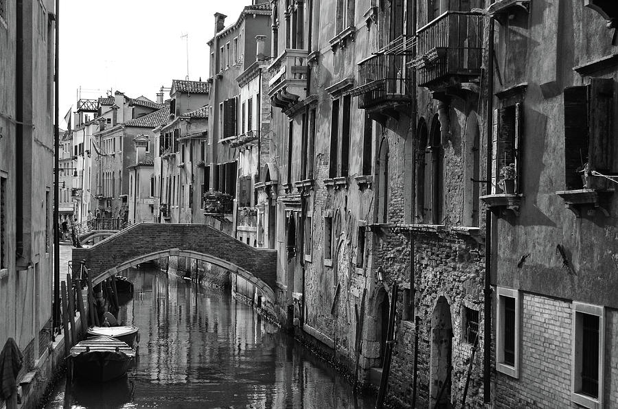 Classic Venice Canal and Footbridge Scene Black and White Photograph by Shawn OBrien