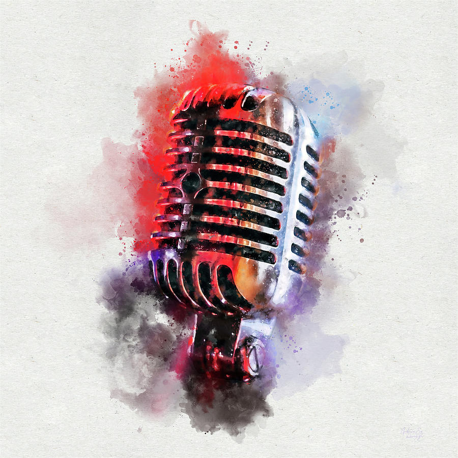Classic Vintage Chrome Microphone in Colorful Watercolor Digital Art by Andreea Eva Herczegh