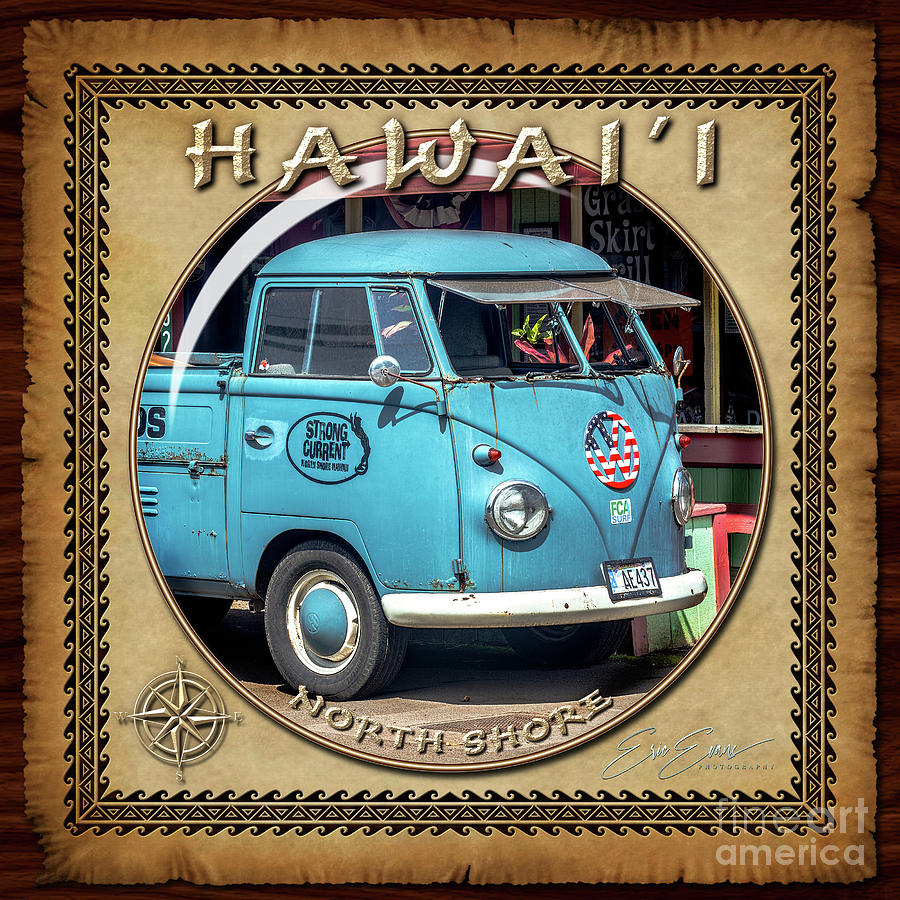 Classic VW Pick Up Surfing Truck Sphere Image with Hawaiian Style Border Photograph by Aloha Art