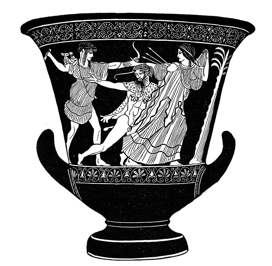 Classical greek, Jug with red figures, fight of Apollo with the giant Tityos Drawing by Clu Classical greek, Jug with red figures, fight of Apollo with the giant Tityos Drawing by Clu