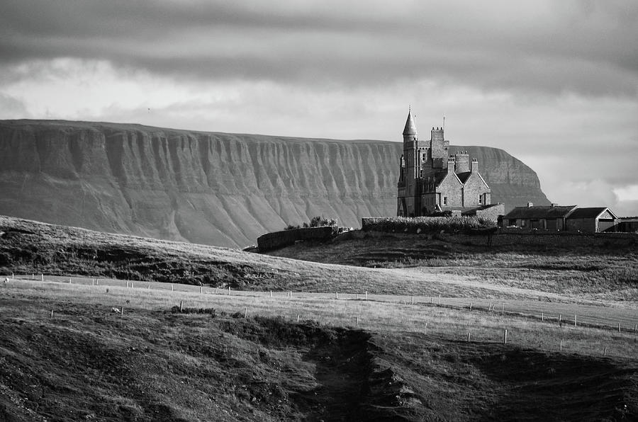 Classiebawn Castle Backed by Benbulben County Sligo Ireland Black and White Photograph by Shawn OBrien