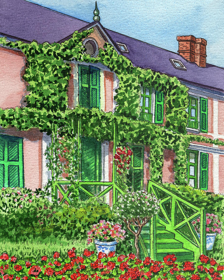 Claude Monet House Giverny Town France Watercolor Impressionism  Painting by Irina Sztukowski