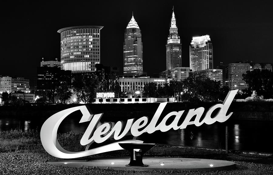 CLE black and White Night with Sign 2022 Photograph by Frozen in Time Fine Art Photography