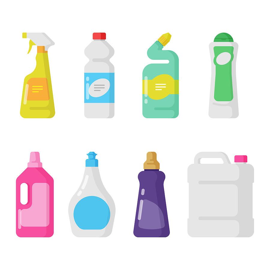 Cleaning and Hygiene Products Icon Set. Plastic Bottles Flat Design. Drawing by Designer29