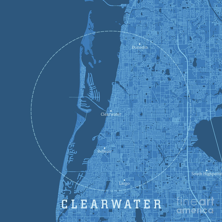 Clearwater Digital Art - Clearwater FL City Vector Road Map Blue Text by Frank Ramspott