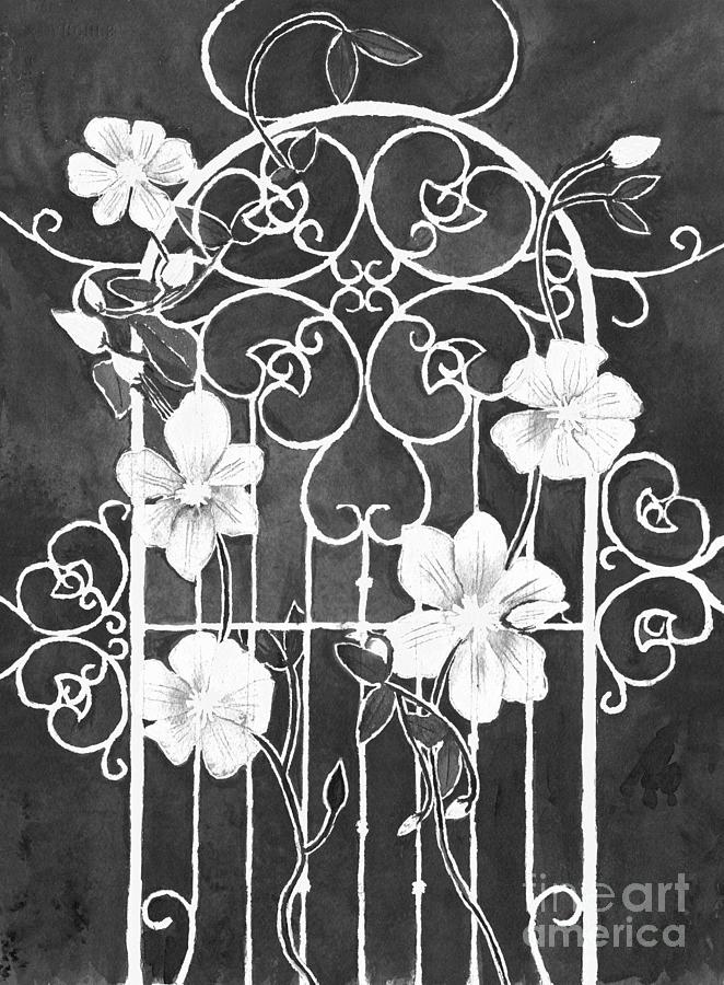 Clematis Flower on Wrought Iron Trellis Black and White Digital Art by Conni Schaftenaar