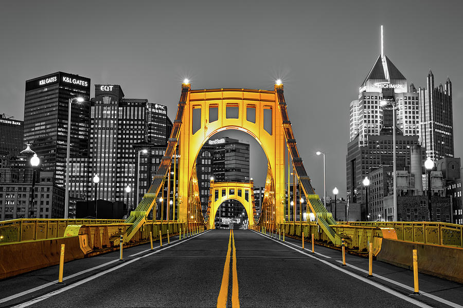 Clemente Bridge To The Pittsburgh Skyline - Selective Color Photograph by Gregory Ballos
