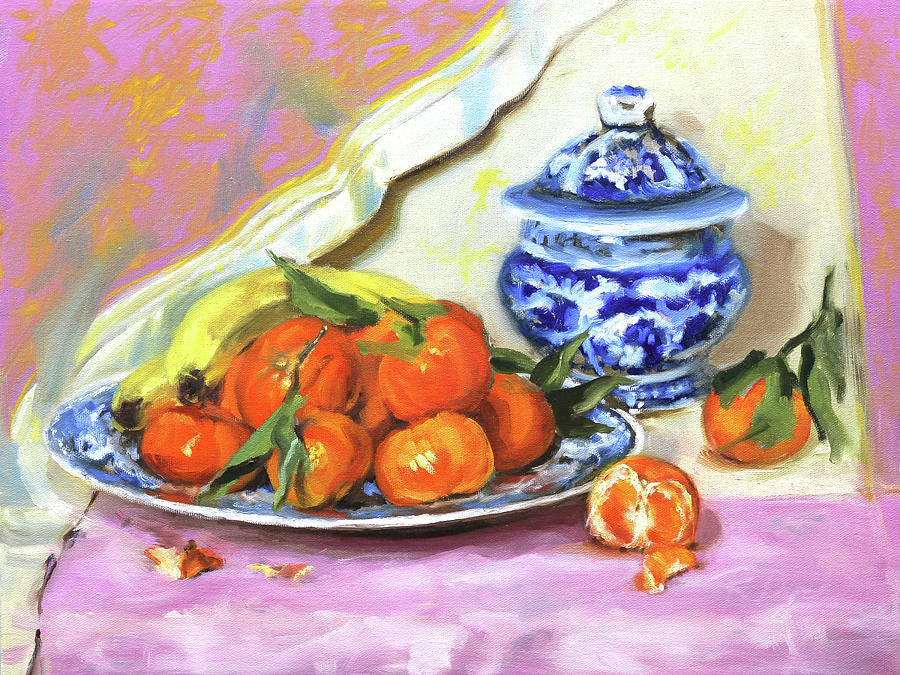 Clementines with Leaves Painting by Roxanne Dyer