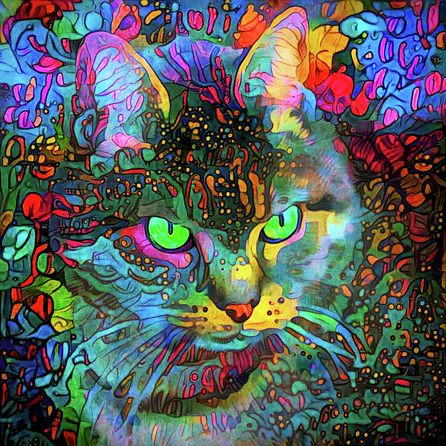 Cleo the Colorful Tabby Cat Mixed Media by Peggy Collins