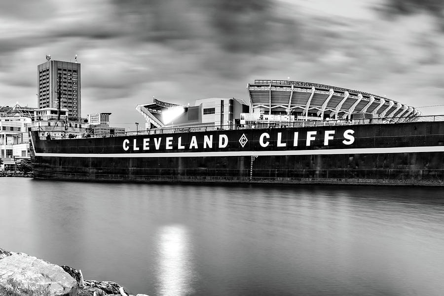 Cleveland Cliffs And Browns Football Stadium In Black and White Photograph by Gregory Ballos