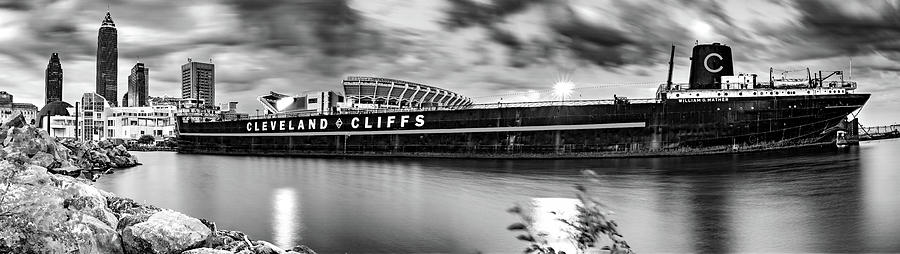 Cleveland Cliffs Ship And Skyline On Lake Erie Black and White Panorama Photograph by Gregory Ballos