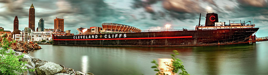 Cleveland Cliffs Ship And Skyline On Lake Erie Panorama Photograph by Gregory Ballos