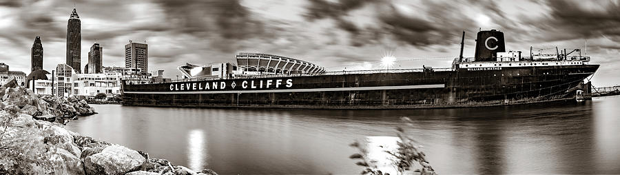 Cleveland Cliffs Ship And Skyline On Lake Erie Sepia Panorama Photograph by Gregory Ballos