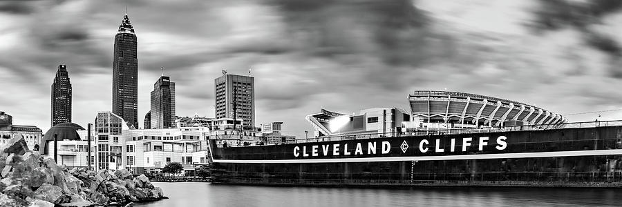 Cleveland Cliffs Skyline And Browns Stadium Black and White Panorama Photograph by Gregory Ballos
