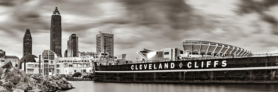 Cleveland Cliffs Skyline And Browns Stadium Panorama In Sepia Photograph by Gregory Ballos