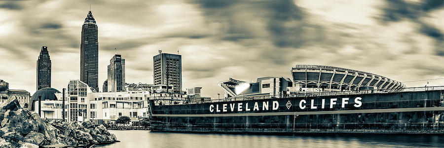 Cleveland Cliffs Skyline And Browns Stadium Sepia Panorama Photograph by Gregory Ballos