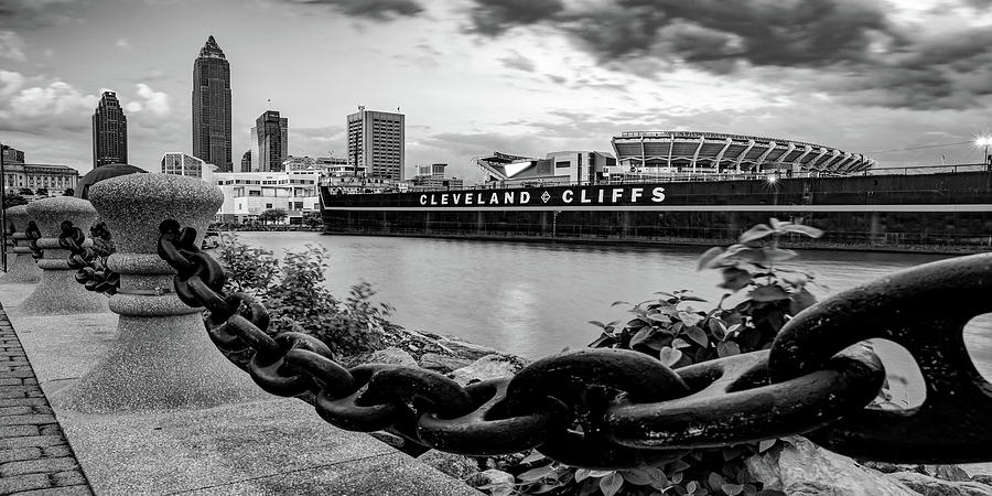 Black And White Photograph - Cleveland Ohio Lakefront Panorama - Black and White by Gregory Ballos