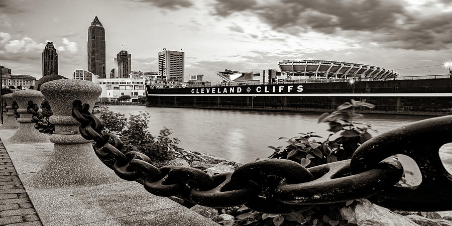 Cleveland Skyline Photograph - Cleveland Ohio Lakefront Panorama in Sepia by Gregory Ballos