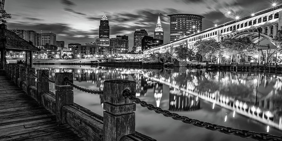 Cleveland Skyline Photograph - Cleveland Ohio Panorama Over the Cuyahoga - Black and White by Gregory Ballos