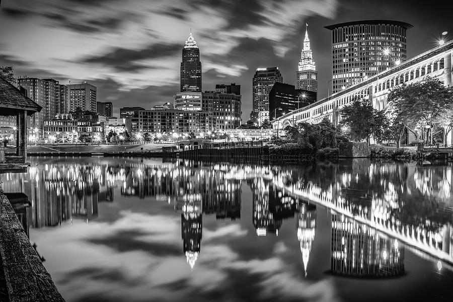 Cleveland Ohio Riverfront Skyline At Dawn - Black and White Photograph by Gregory Ballos