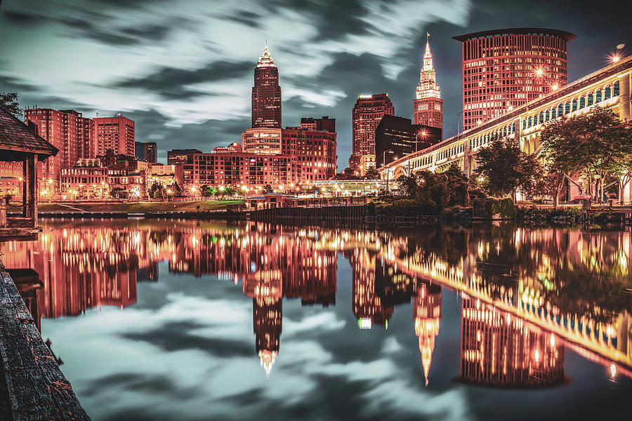 Cleveland Ohio Riverfront Skyline At Dawn Photograph by Gregory Ballos