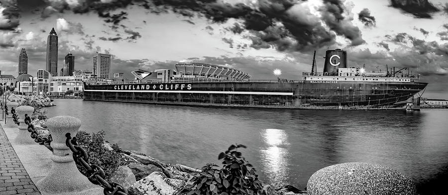 Cleveland Ohio Skyline And William G. Mather Steamship Panorama - Black And White Photograph