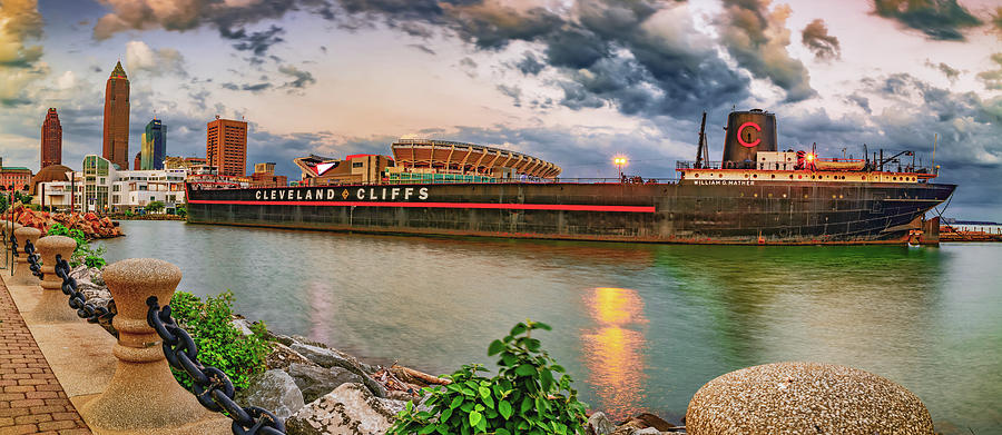 Cleveland Skyline Photograph - Cleveland Ohio Skyline and William G. Mather Steamship Panorama by Gregory Ballos