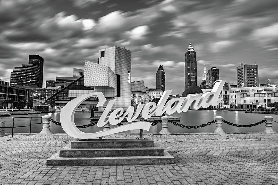 Cleveland Ohio Skyline From North Coast Harbor - Black and White Photograph by Gregory Ballos