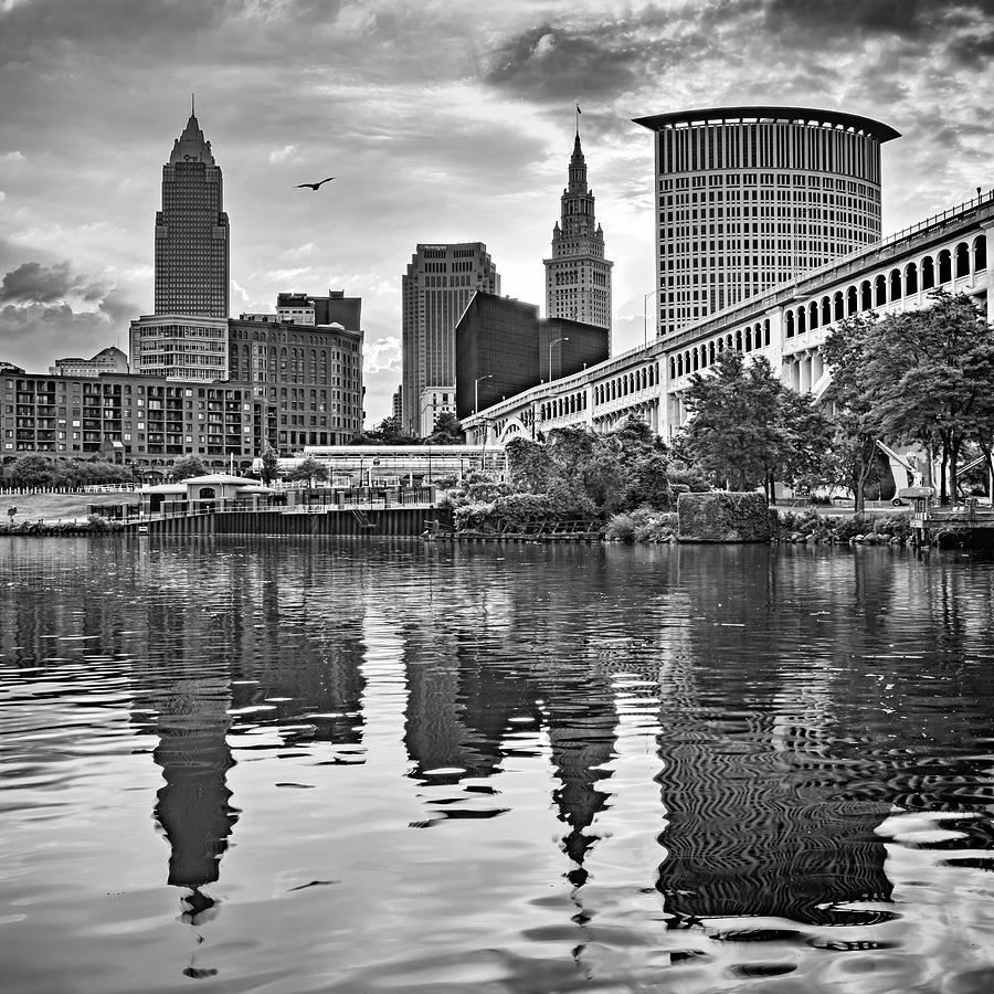 Black And White Photograph - Cleveland Ohio Sunrise Over The Cuyahoga - Black and White 1x1 by Gregory Ballos