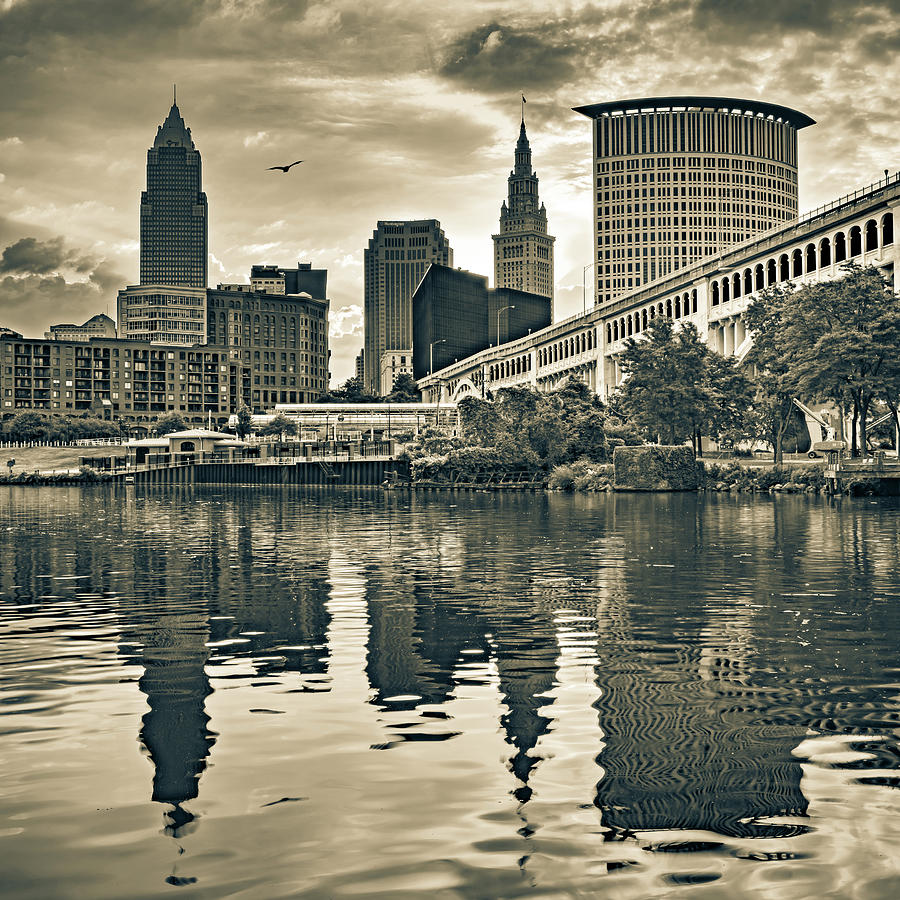Cleveland Ohio Photograph - Cleveland Ohio Sunrise Over The Cuyahoga - Sepia 1x1 by Gregory Ballos