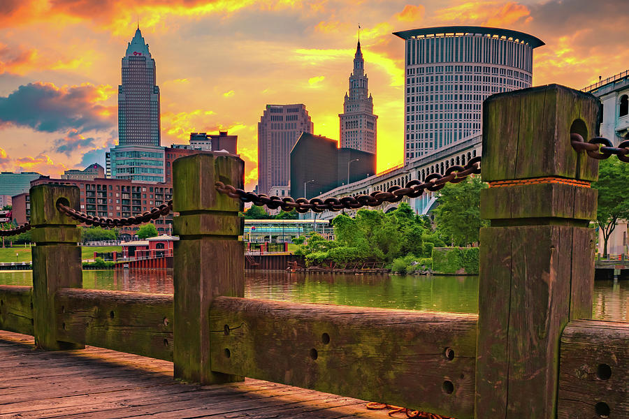 Cleveland Skyline Photograph - Cleveland Ohio Terminal and Key Towers at Sunrise From The Riverfront by Gregory Ballos