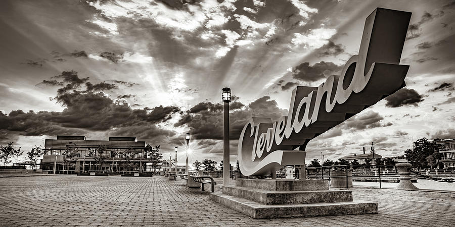 America Photograph - Cleveland Script Sign Sunrise Panorama On North Coast Harbor - Classic Sepia by Gregory Ballos