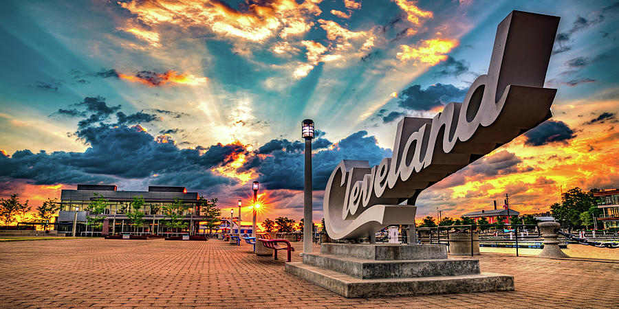 America Photograph - Cleveland Script Sign Sunrise Panorama On North Coast Harbor by Gregory Ballos