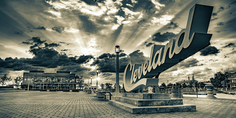 America Photograph - Cleveland Script Sign Sunrise Panorama On North Coast Harbor - Sepia Edition by Gregory Ballos