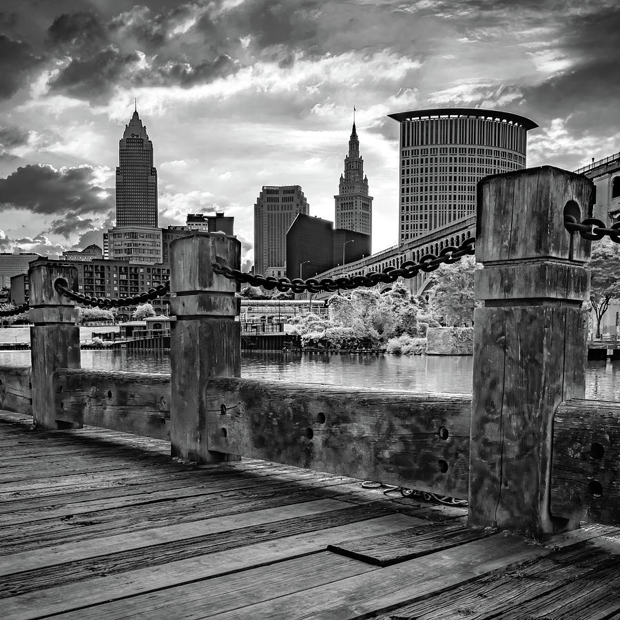 Cleveland Skyline Photograph - Cleveland Skyline Along The Cuyahoga River - Black and White by Gregory Ballos